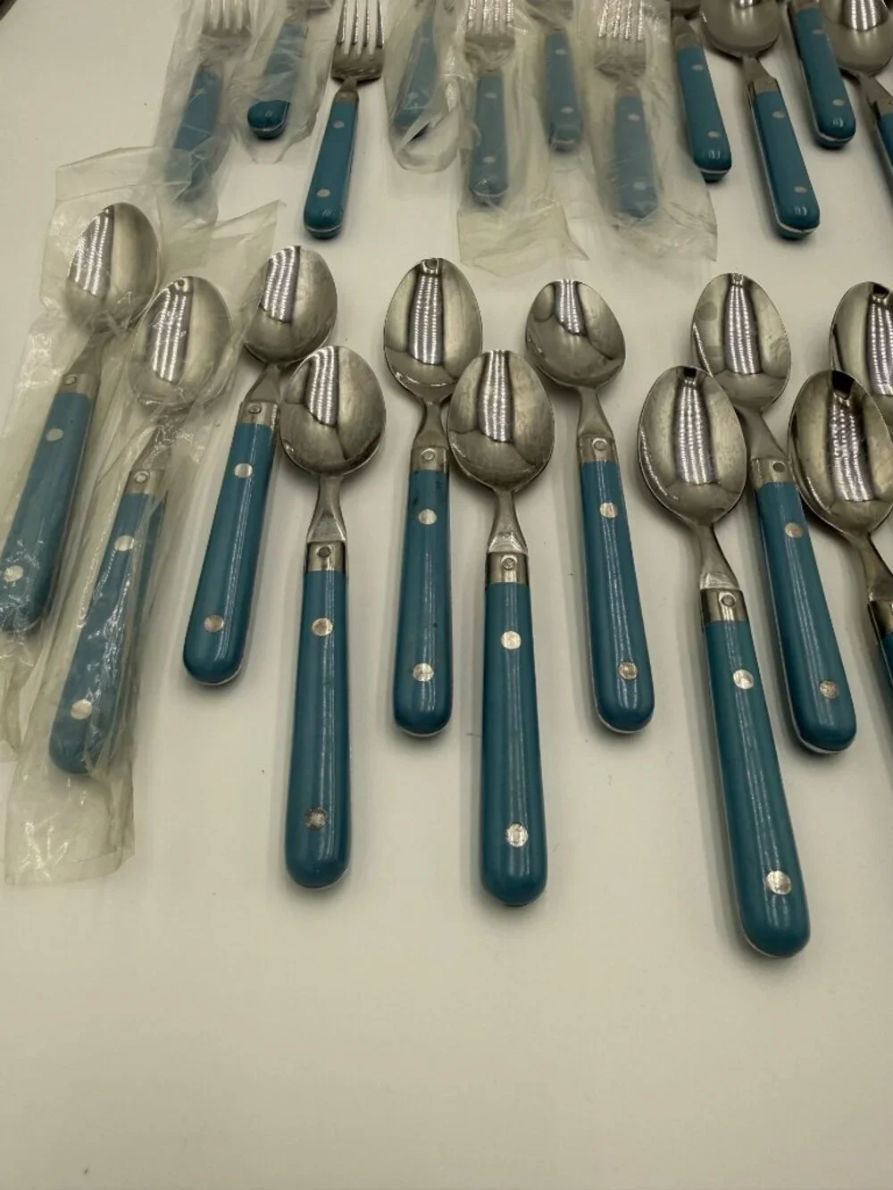Vintage Stainless Steel Flatware Set Blue Handles 42Pcs Made Korea Cottagecore
